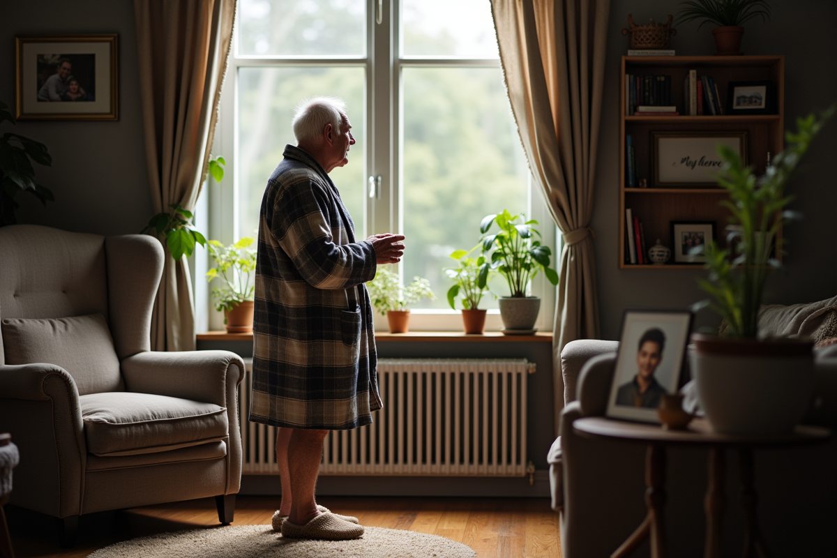 Homme agee regardant par la fenetre dans un salon chaleureux