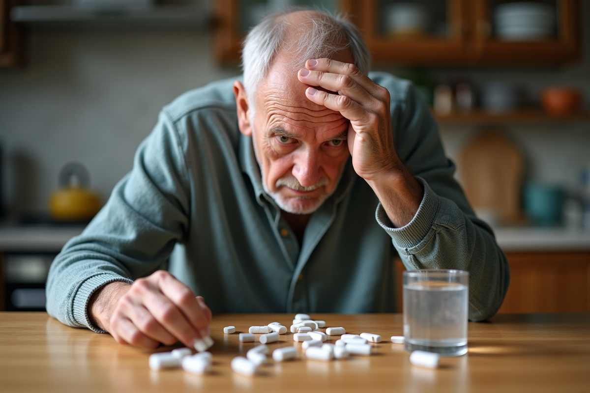 Homme âgé vu du dessus avec médicaments sur la table