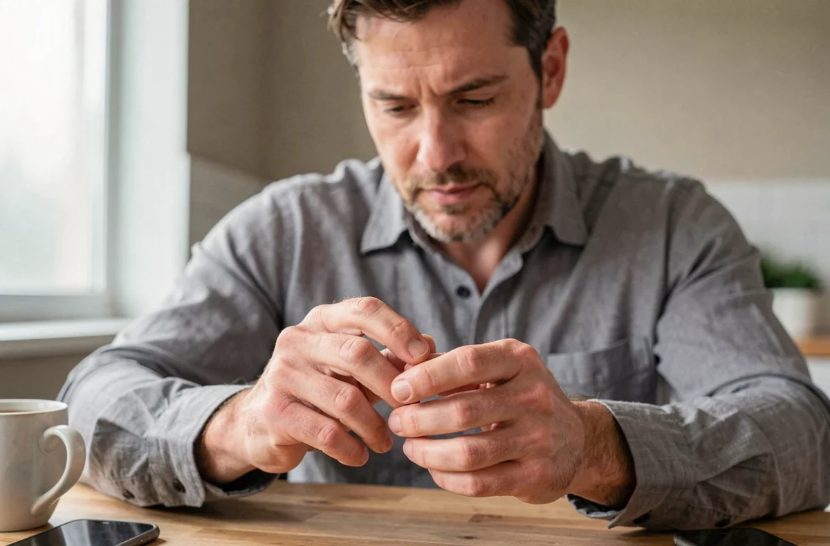 Homme examinant ses ongles avec des taches blanches à la maison, signe pouvant nécessiter un avis dermatologique