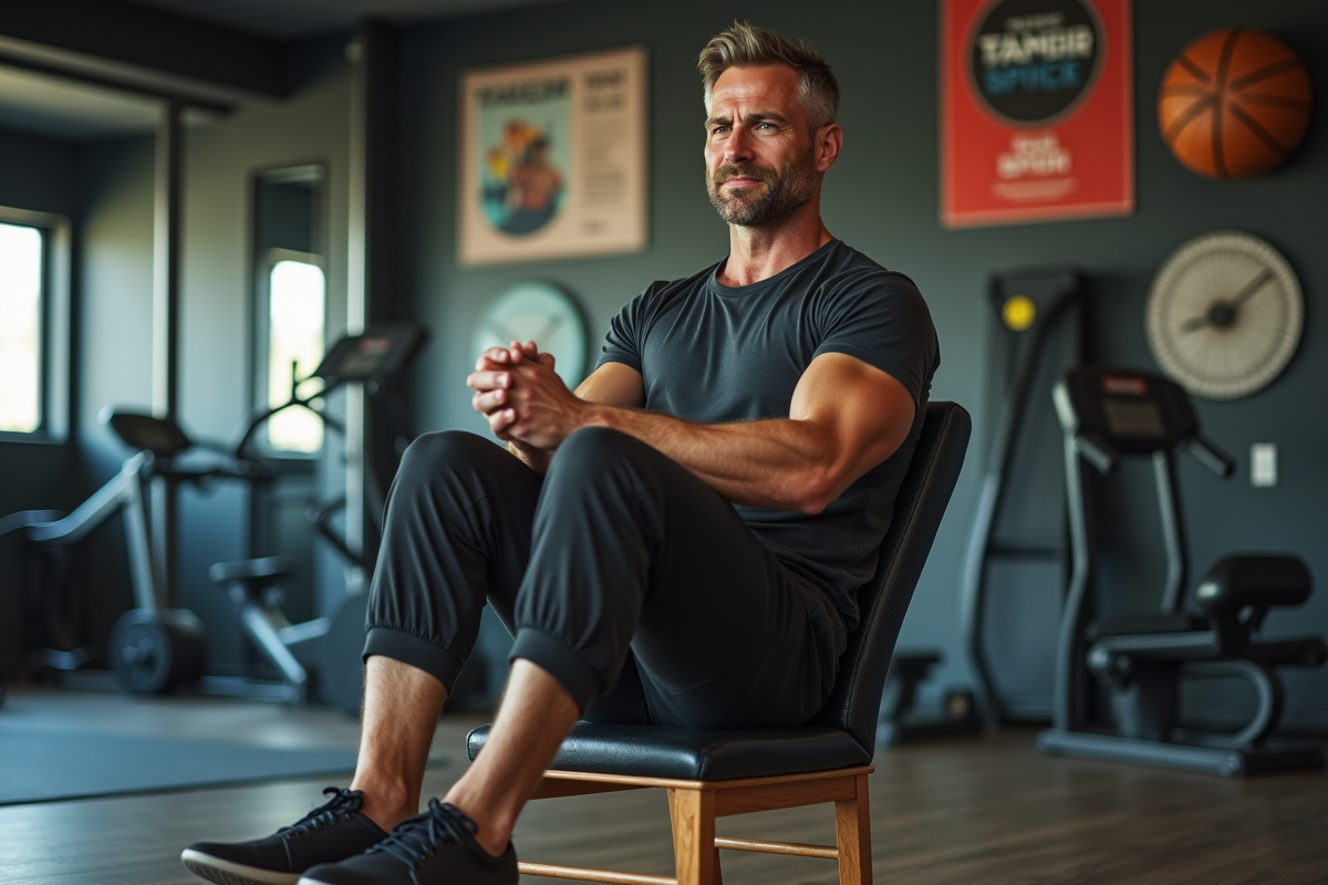 Homme en jogging effectuant un torsion assise en salle de sport