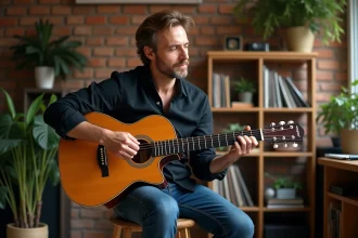 Homme français jouant de la guitare dans un studio chaleureux