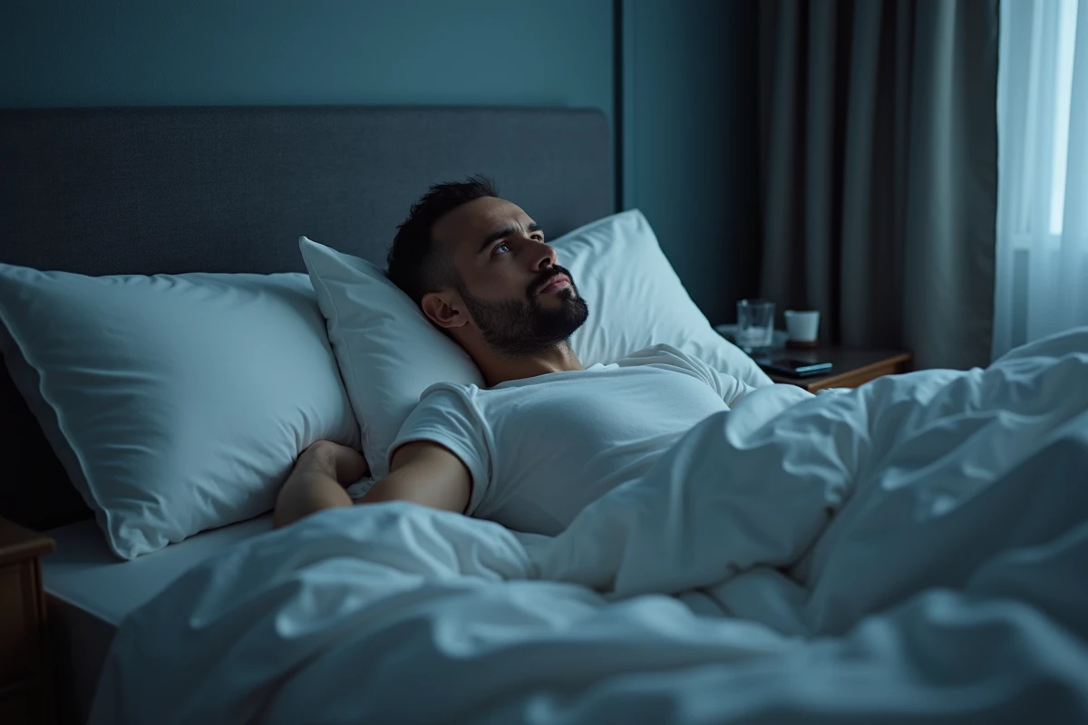 Homme allongé dans son lit les yeux ouverts, incapable de dormir, symptôme de fatigue chronique