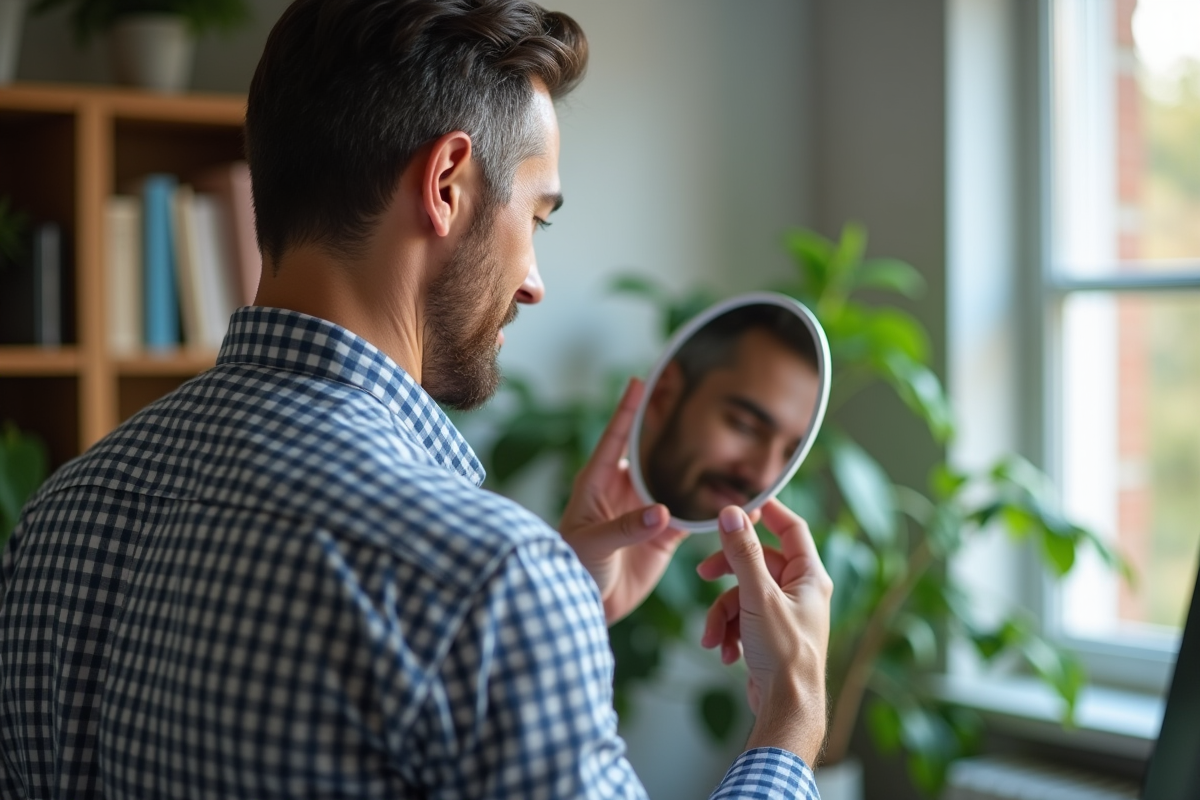 Homme regarde sa nuque dans un miroir au bureau
