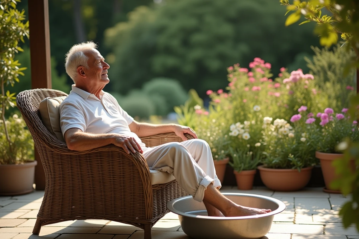 Homme âgé sur une terrasse avec jambes dans un bassin d
