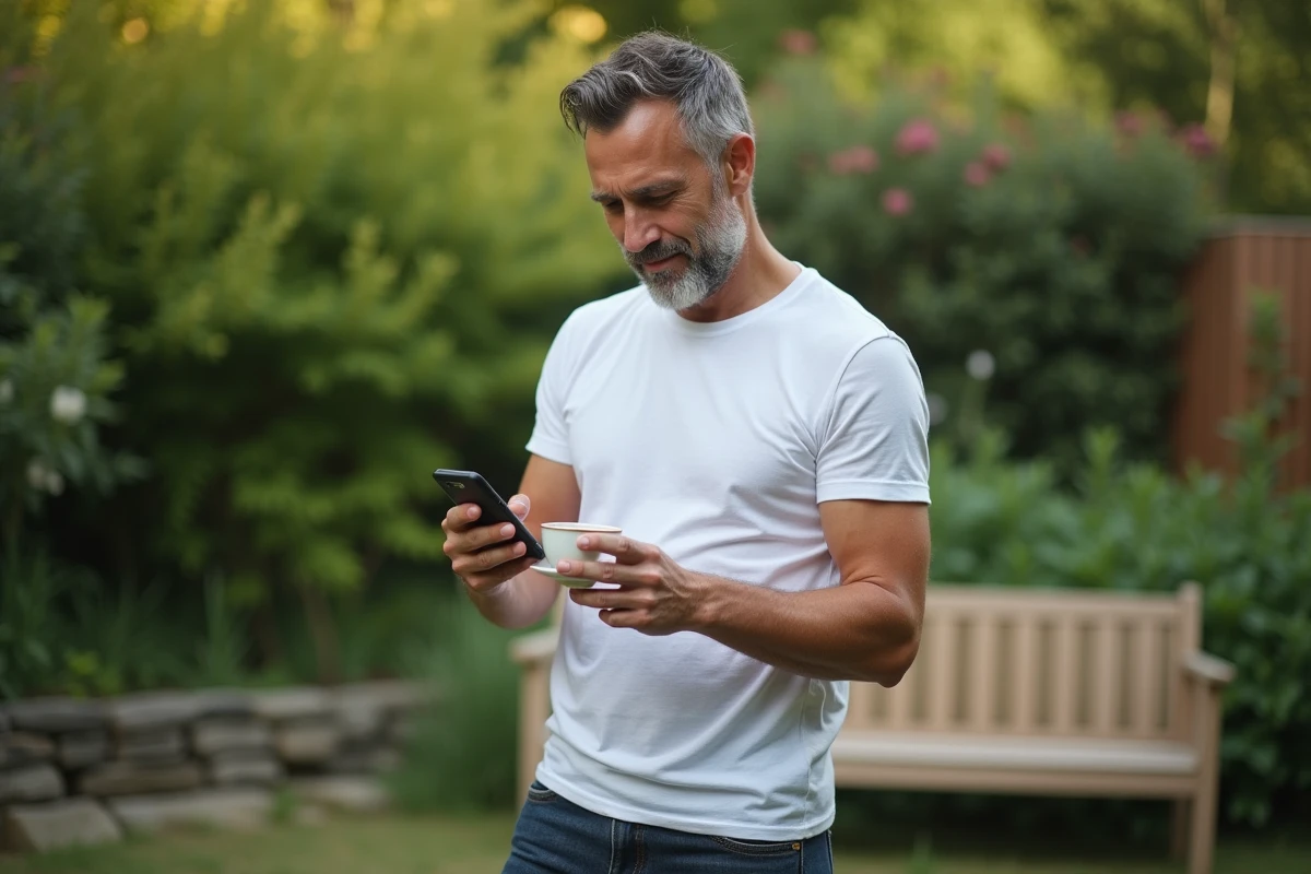 Homme dans le jardin regardant une photo de progression