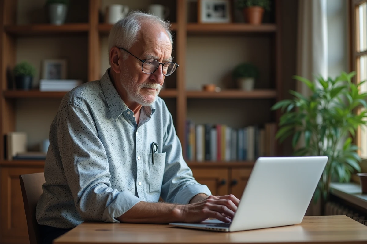 Homme âgé regardant une liste de maladies sur un ordinateur portable