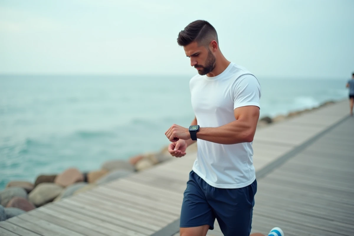 Homme consultant sa montre connectée pendant une marche rapide sur un bord de mer, mesurant ses pas et kilomètres parcourus