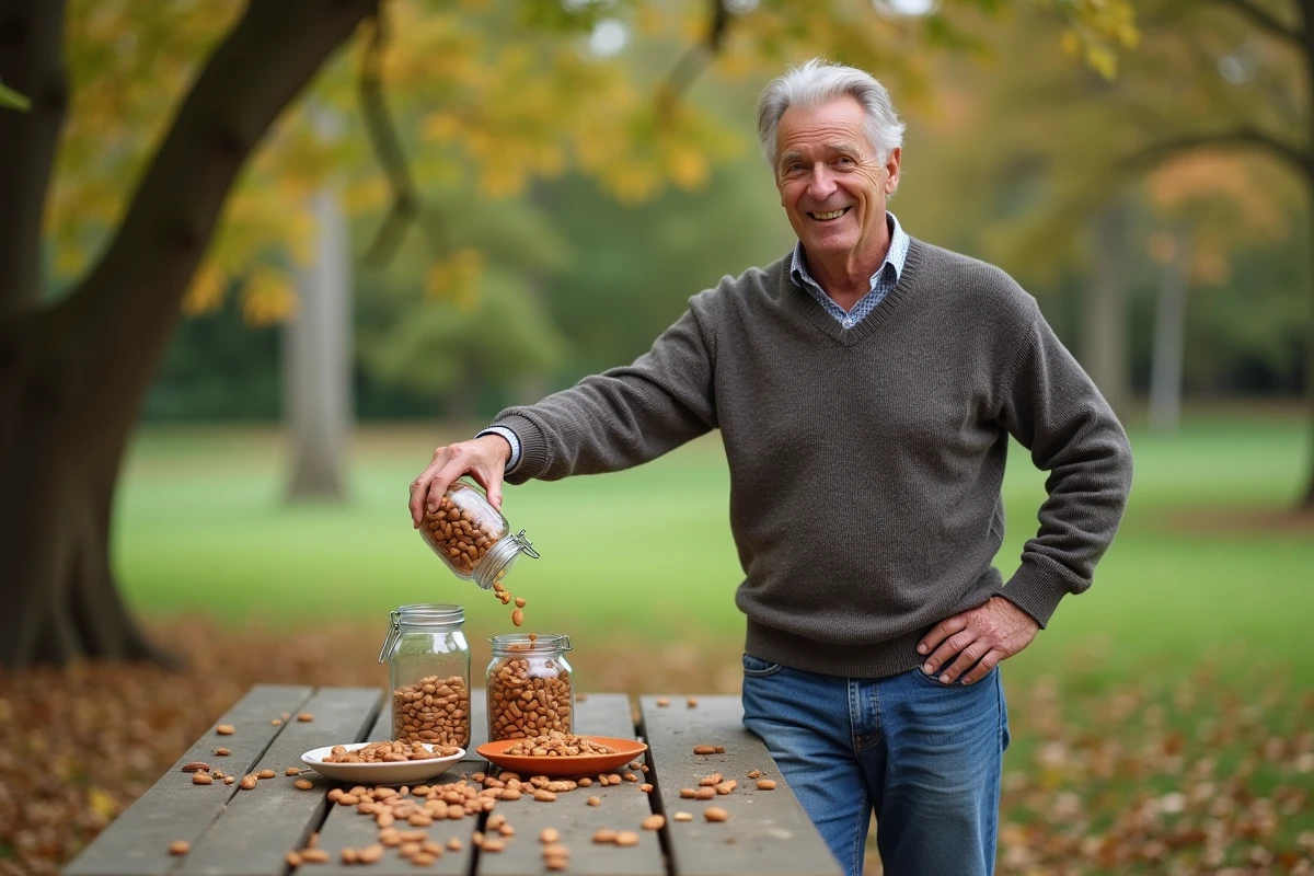 Homme dans un parc verse noix crues et grillées sur une table