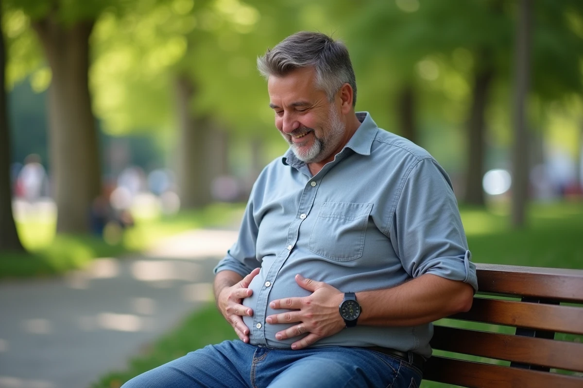 Homme assis dans un parc souriant en regardant son ventre