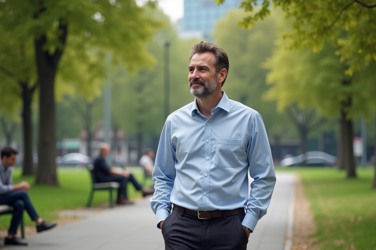 Homme en promenade dans un parc urbain