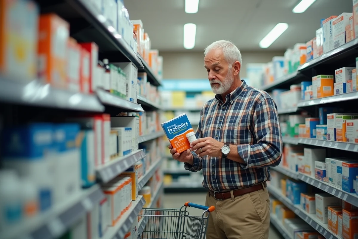 Homme lit une étiquette de probiotiques en pharmacie