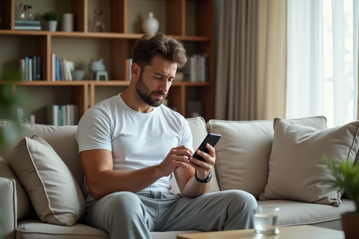 Homme cherchant des informations sur les ganglions inguinaux enflés sur son téléphone depuis chez lui après une infection