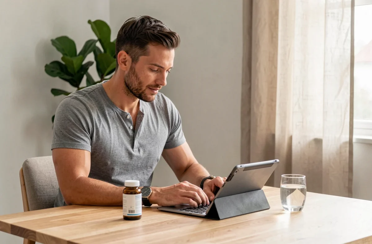 Homme recherchant des informations sur les postbiotiques et probiotiques pour la digestion sur une tablette dans un bureau à domicile