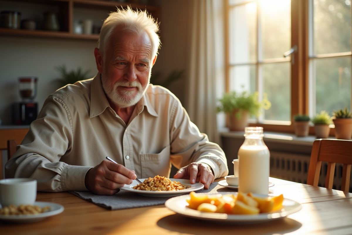Homme senior dégustant un petit déjeuner sain avec céréales et fromage