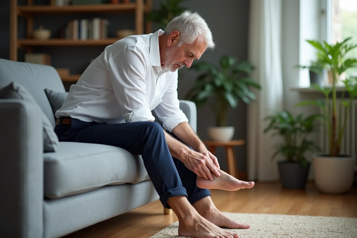 Homme senior massant le côté extérieur de son pied douloureux chez lui, douleur liée à l'arthrose latérale du pied