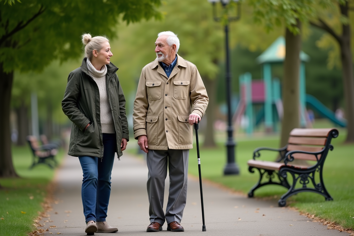 Homme senior avec aide dans un parc verdoyant