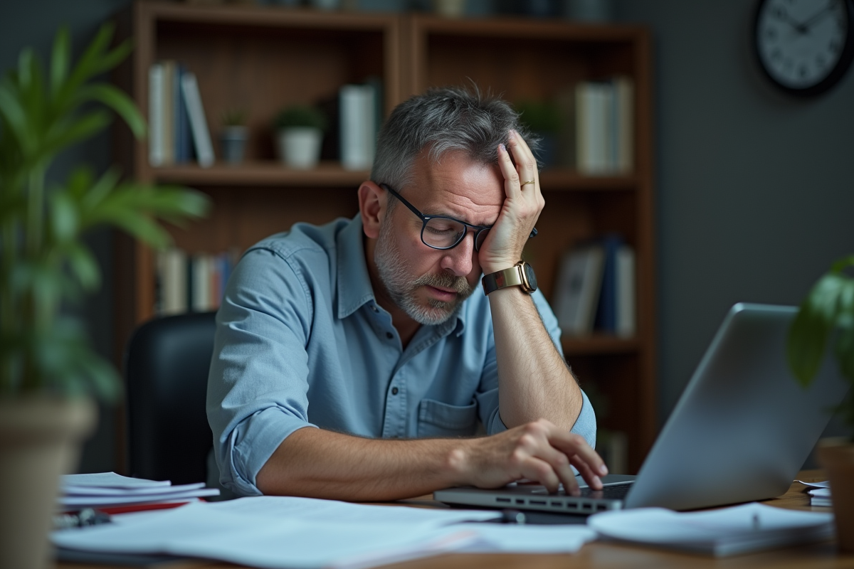 Homme d age moyen somnolent à son bureau à domicile