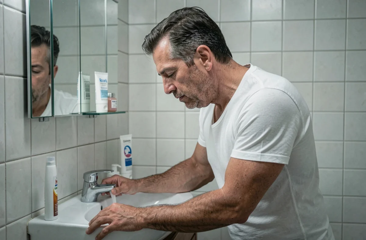 Homme stressé et étourdi dans la salle de bain le matin, agrippant le lavabo pour garder l'équilibre