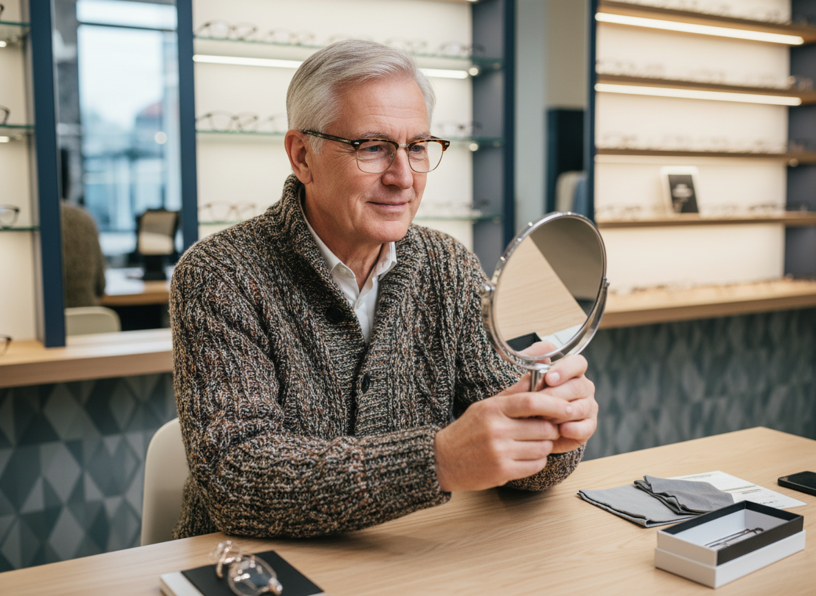 Homme âgé essayant ses nouvelles lunettes dans un magasin
