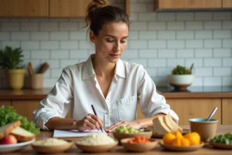 Femme analysant des aliments à index glycémique varié sur une table en bois avec des légumineuses, céréales et fruits frais