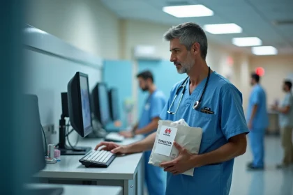 Infirmier en blouse bleue tenant un sac de don médical