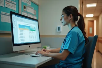 Infirmière en EHPAD utilisant le logiciel c.netsoins sur un ordinateur de bureau au poste de soins