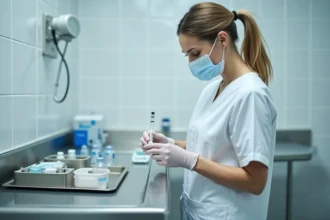 Infirmière en blouse blanche prépare une seringue en salle moderne