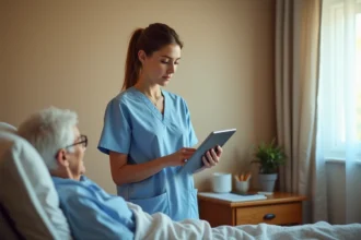 Infirmière utilisant une tablette numérique au chevet d'un résident en EHPAD pour accéder au logiciel NETSoins