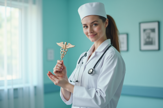 Infirmière en uniforme blanc tenant un pin caduceus dans un hôpital moderne