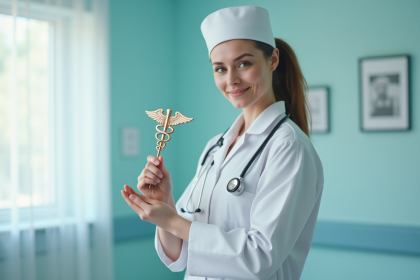 Infirmière en uniforme blanc tenant un pin caduceus dans un hôpital moderne