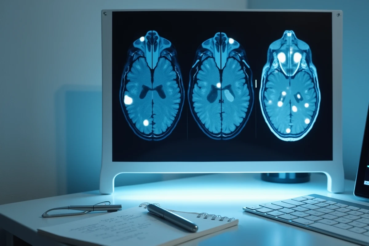 Gros plan d'une IRM cérébrale sur négatoscope révélant des taches blanches dans la substance blanche du cerveau