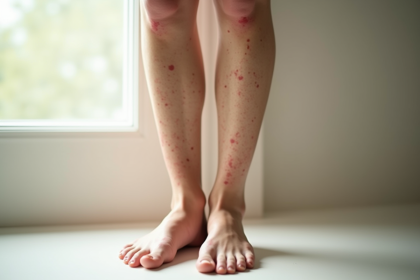 Jambes avec taches rouges visibles sous la lumière naturelle