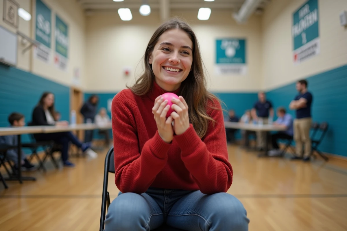Jeune femme relaxee lors d une collecte de dons en gymnase