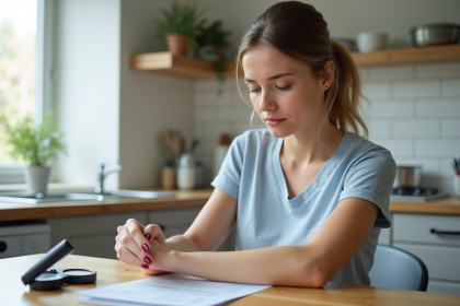 Jeune femme examine une tache rouge sur son bras