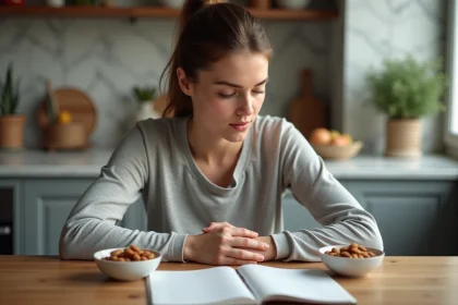 Jeune femme compare noix crues et grillées dans la cuisine