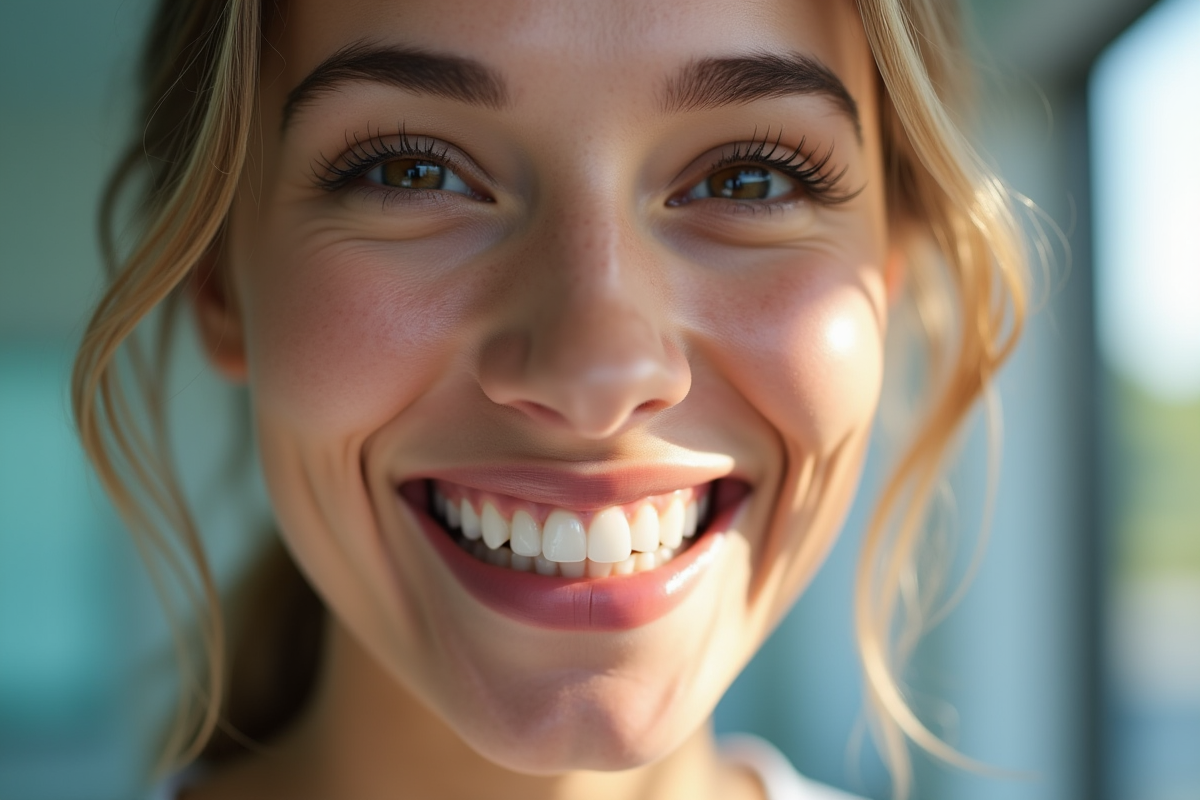 Jeune femme souriante avec dents blanches naturelles en intérieur