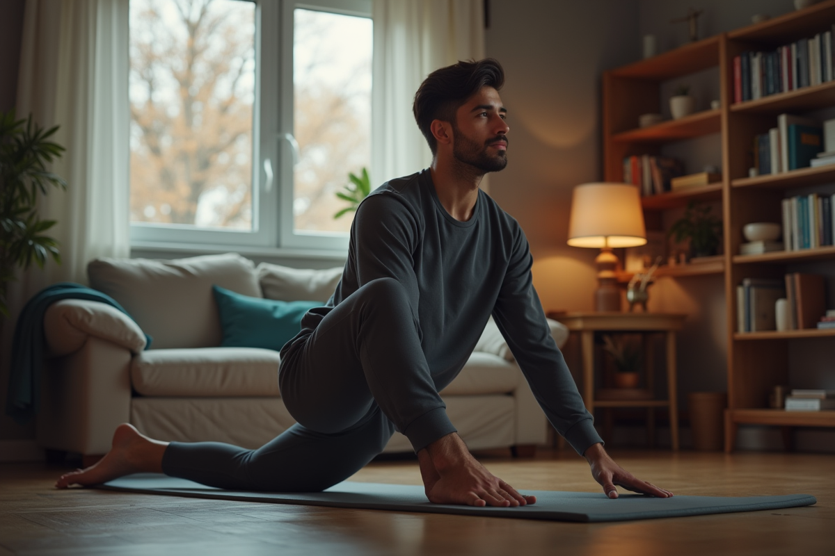 Jeune homme faisant des étirements dans le salon