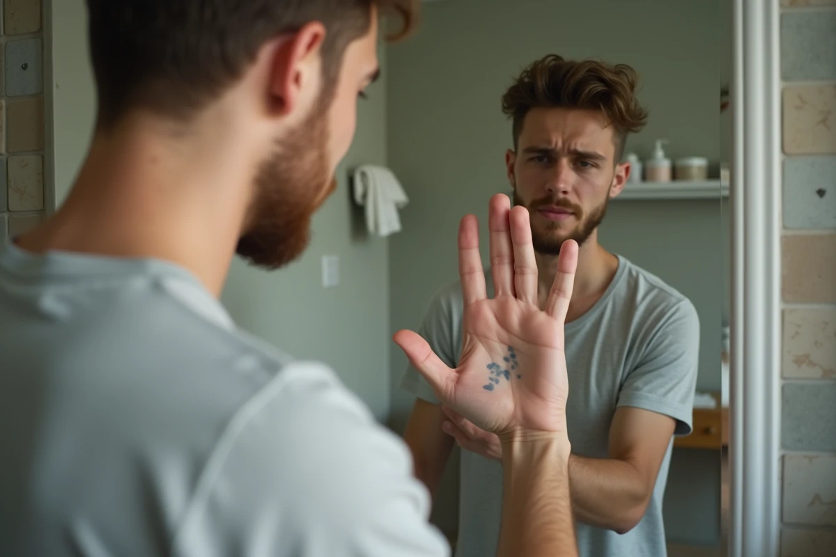 Jeune homme inspecte ses taches de peau dans la salle de bain