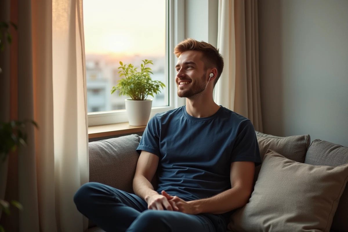 Jeune homme écoutant de la musique dans un salon lumineux