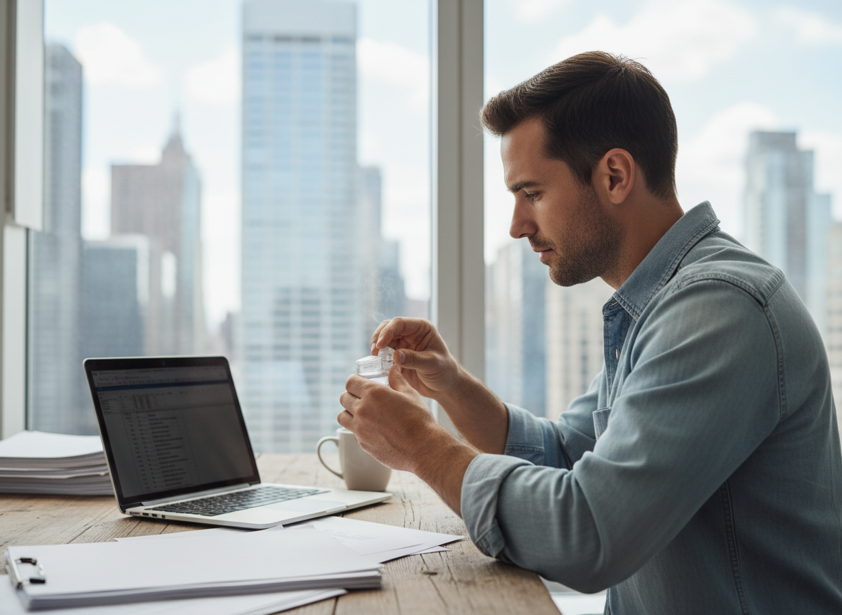 Jeune homme ajustant sa lentille de contact au bureau