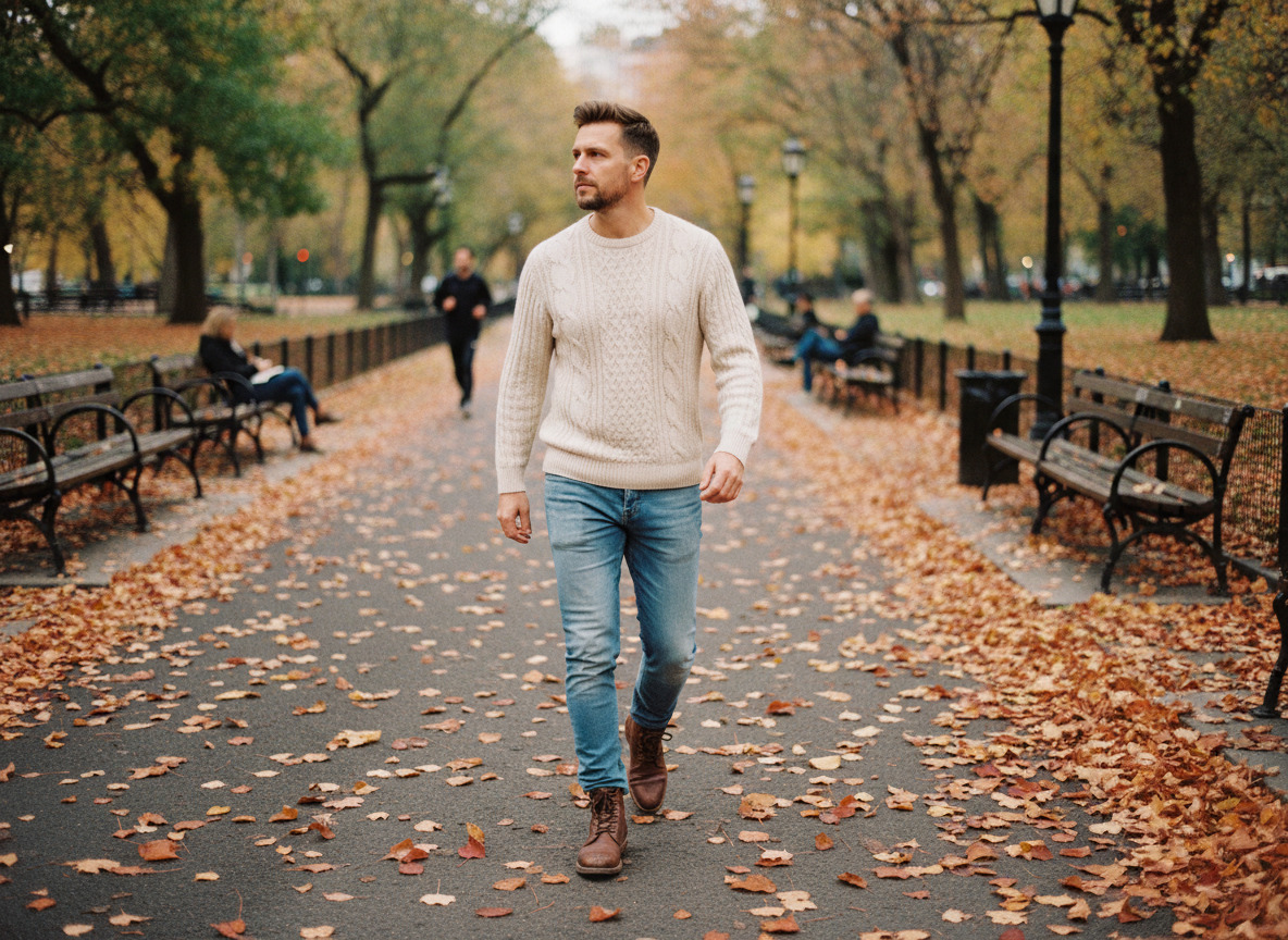 Jeune homme dans un parc en automne regardant au loin