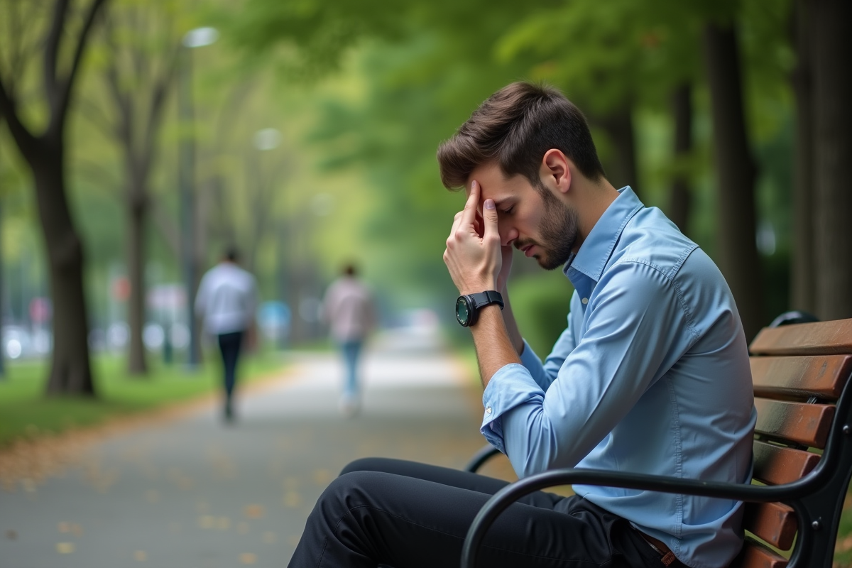 Jeune homme pensif assis sur un banc dans un parc urbain