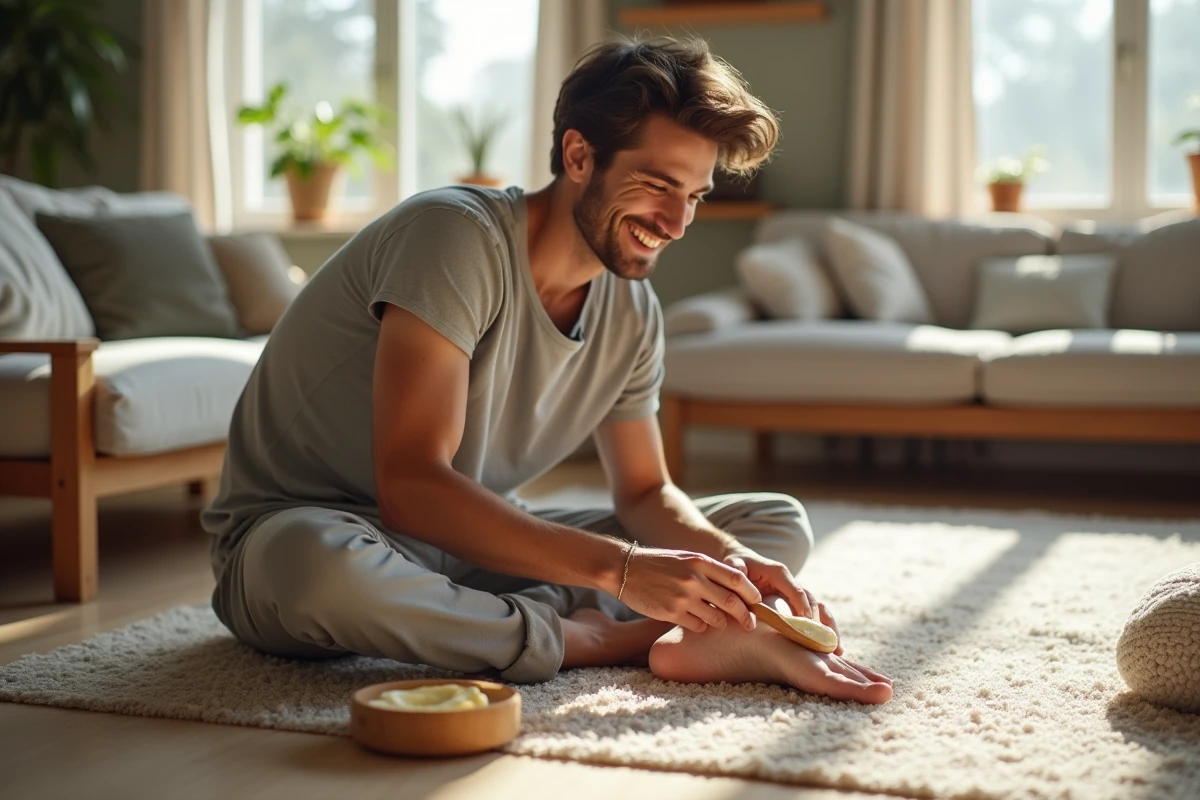 Jeune homme appliquant une pâte maison sur son talon