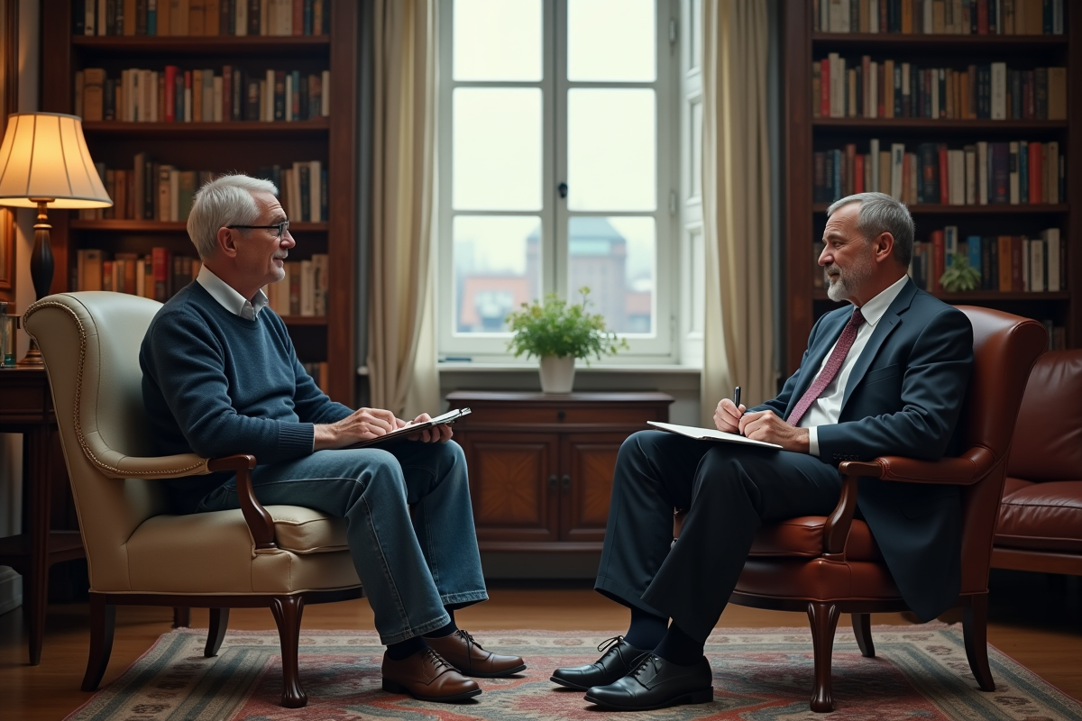 Jeune homme en séance avec un psychiatre dans une pièce chaleureuse