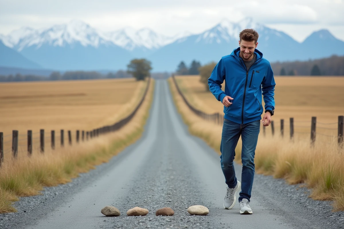 Jeune homme en jeans vérifie son pas sur une route de campagne