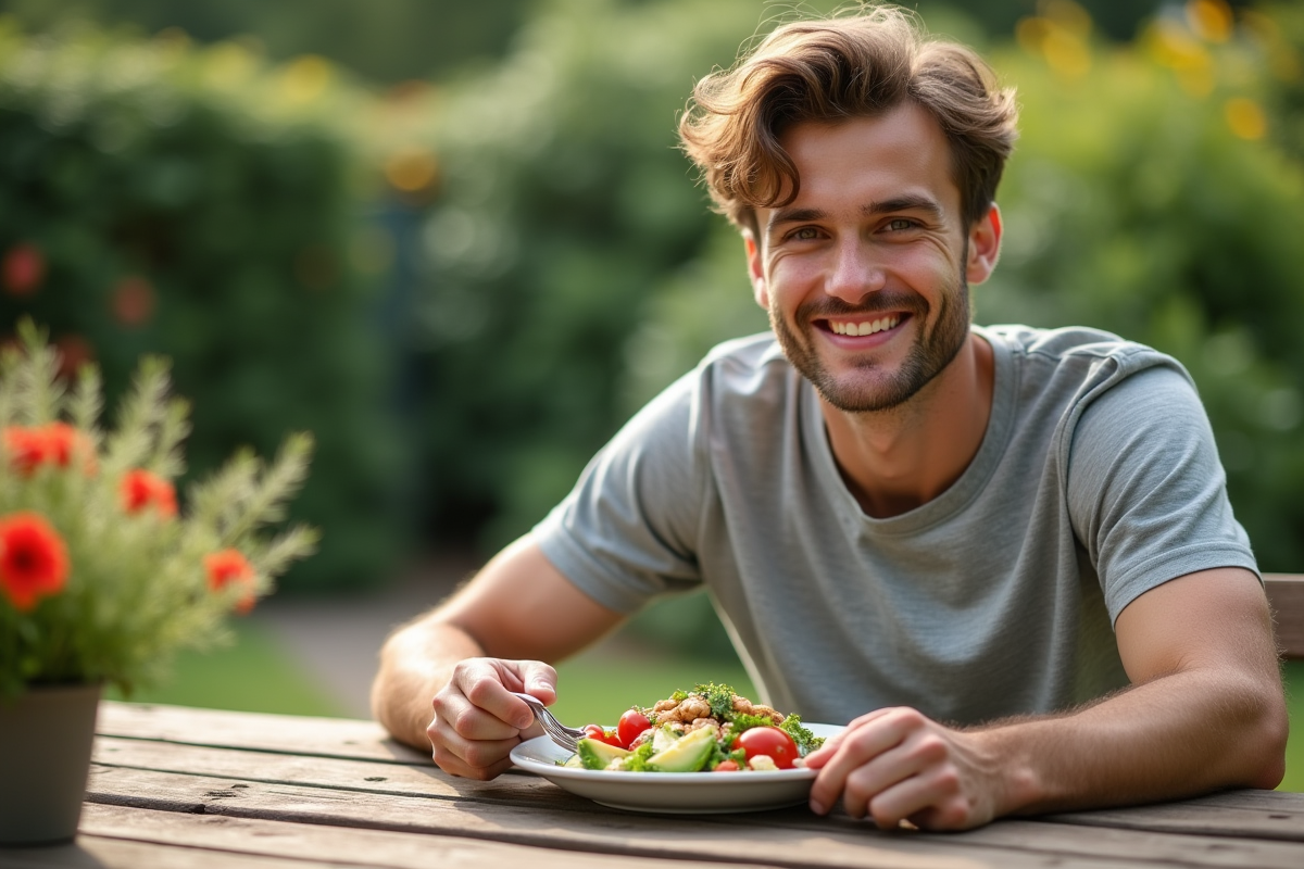 Jeune homme dégustant une salade dans un jardin verdoyant