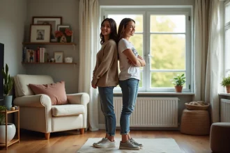 Adolescent et sa mère dans un salon moderne souriant
