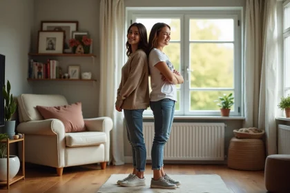 Adolescent et sa mère dans un salon moderne souriant