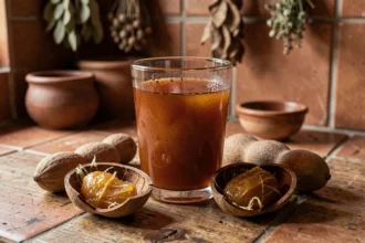 Verre de jus de tamarin ambré posé sur une table en bois rustique avec des gousses de tamarin fraîches ouvertes autour