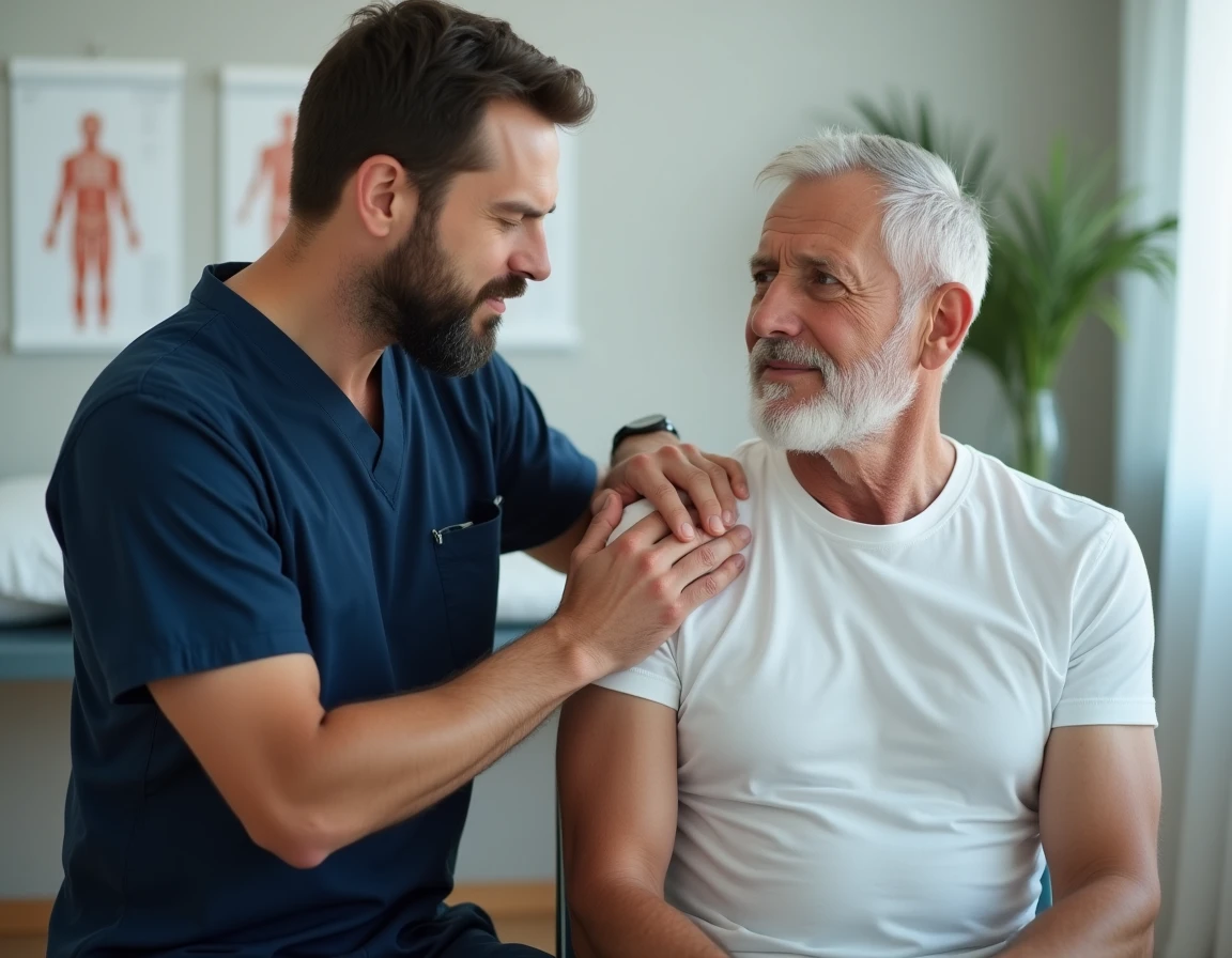 Kinésithérapeute examinant l'épaule douloureuse d'un patient après une infiltration de corticoïdes